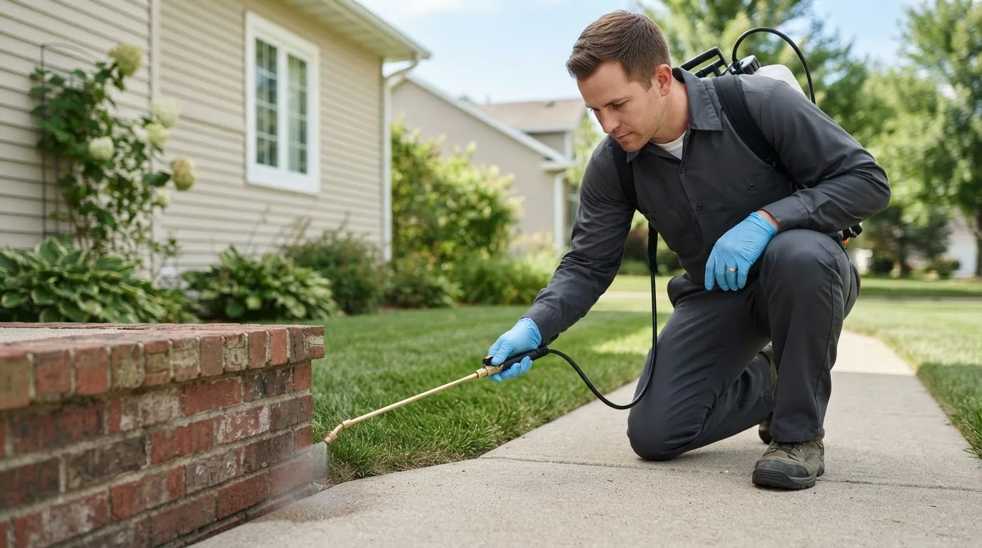 Pest control technician treating a home near Byesville, OH