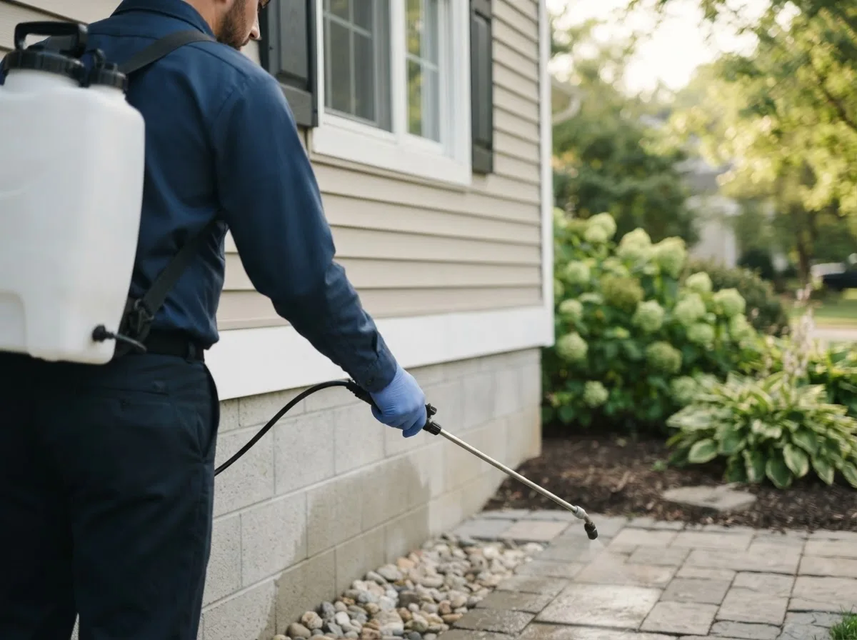 Pest control technician inspecting a home in Byesville, OH